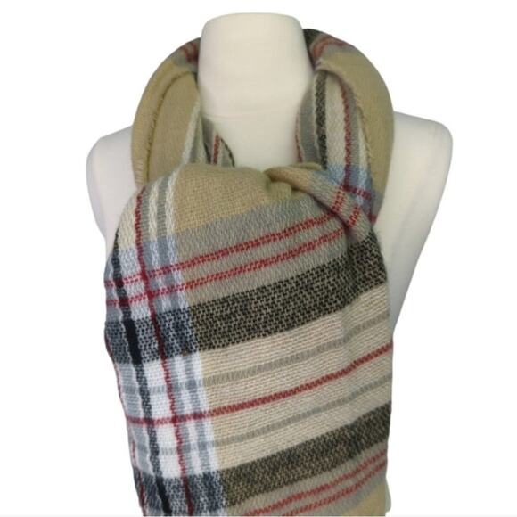 Beige Plaid Scarf Soft Cozy 80" x 26" Warm Winter Fringe Tartan Khaki - Picture 5 of 5